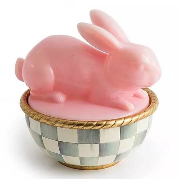 MACKENZIE-CHILDS Milk Pink Bunny Lidded Container Handmade Decorative Bowl NEW - Picture 1 of 2